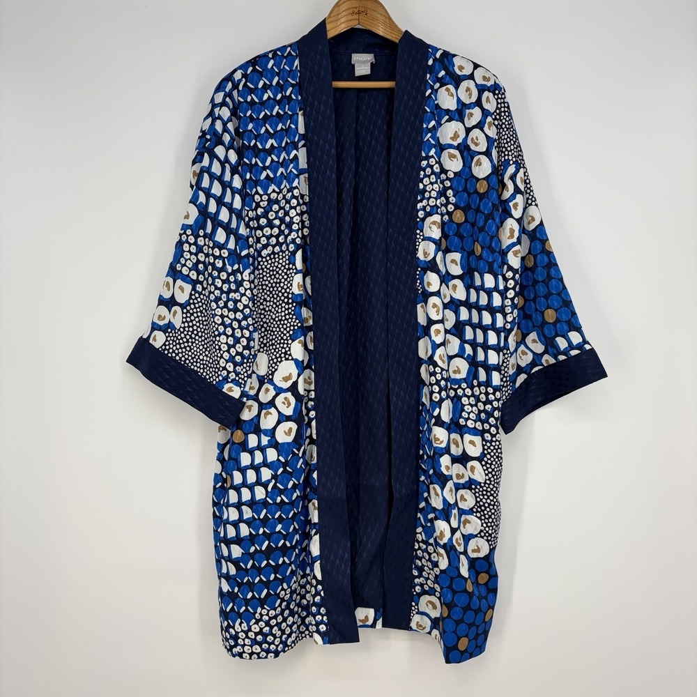Chico's Collection Kimono Blue Silky Robe 2 (12/14) Artsy Boho Travel Art 2 Wear